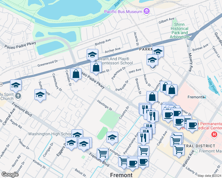 map of restaurants, bars, coffee shops, grocery stores, and more near 38228 Paseo Padre Parkway in Fremont