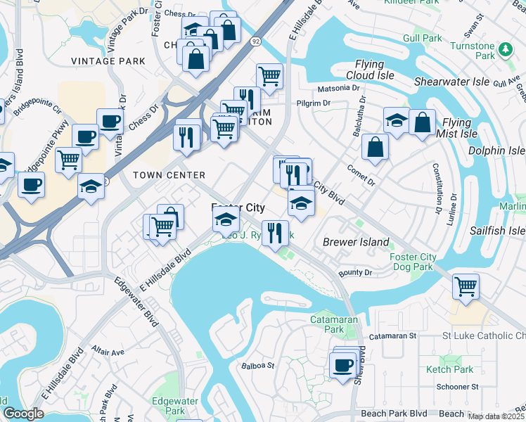 map of restaurants, bars, coffee shops, grocery stores, and more near 708 Eppleton Lane in Foster City