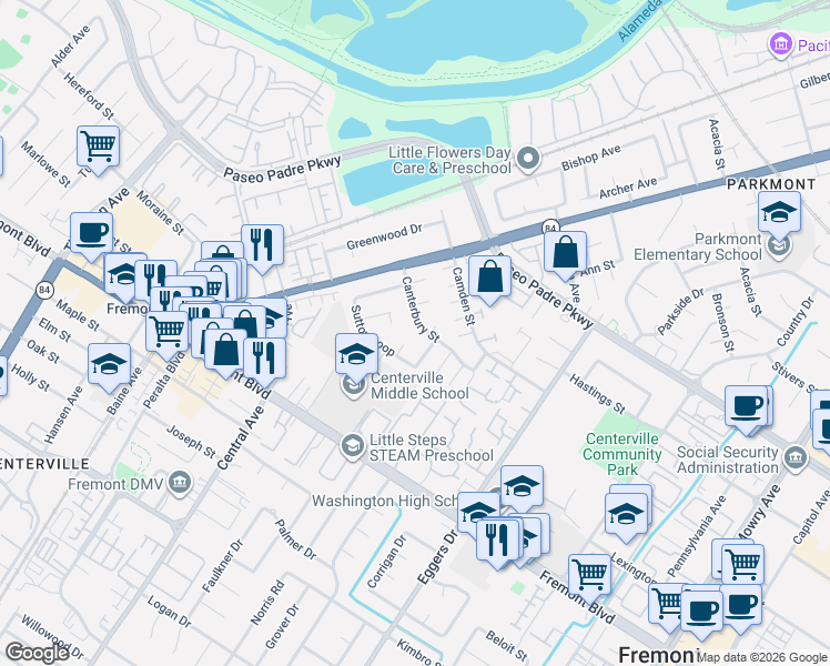 map of restaurants, bars, coffee shops, grocery stores, and more near 37659 Canterbury Street in Fremont