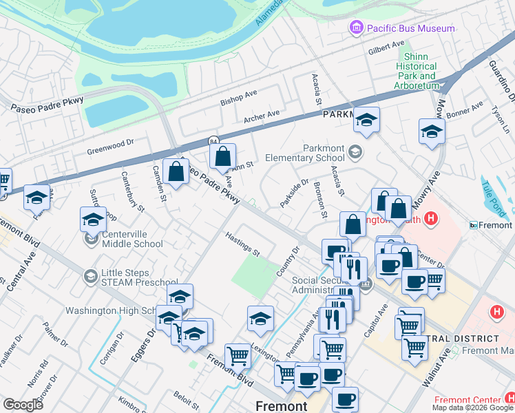 map of restaurants, bars, coffee shops, grocery stores, and more near 38228 Paseo Padre Parkway in Fremont