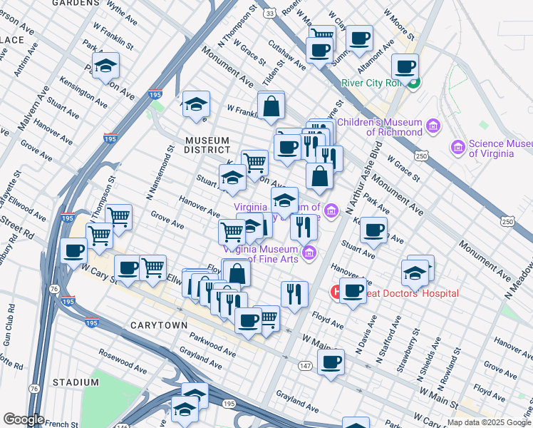 map of restaurants, bars, coffee shops, grocery stores, and more near 3105 Stuart Avenue in Richmond