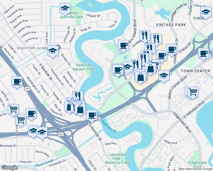 map of restaurants, bars, coffee shops, grocery stores, and more near 950 Shoreline Drive in San Mateo