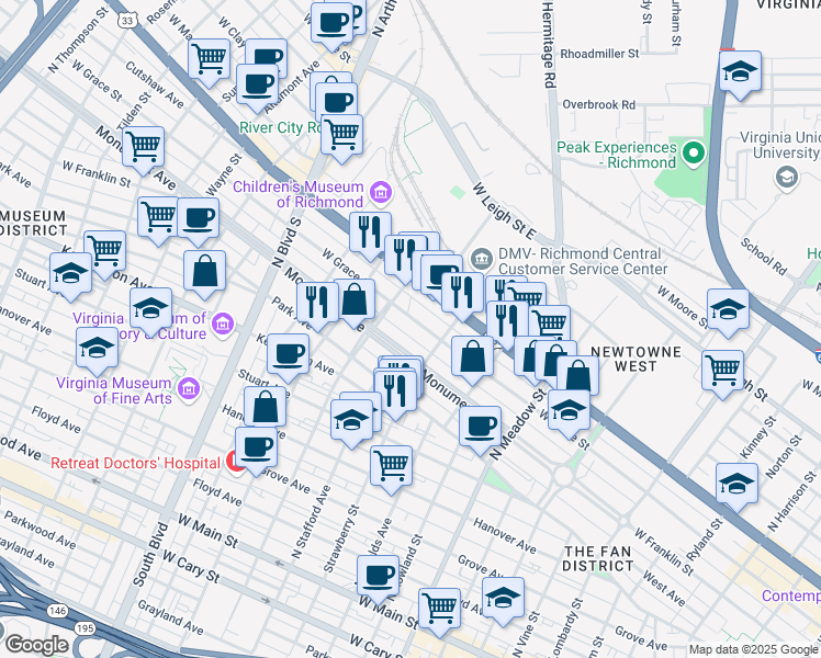 map of restaurants, bars, coffee shops, grocery stores, and more near 2323 West Grace Street in Richmond