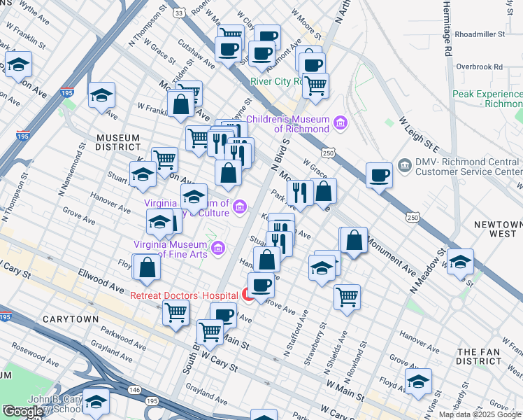 map of restaurants, bars, coffee shops, grocery stores, and more near 505 Virginia 161 in Richmond