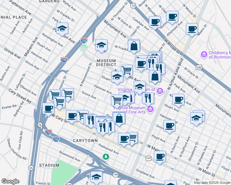 map of restaurants, bars, coffee shops, grocery stores, and more near 3212 Hanover Avenue in Richmond