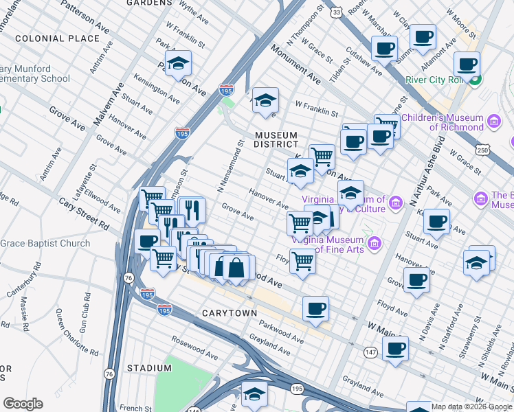 map of restaurants, bars, coffee shops, grocery stores, and more near 215 Roseneath Road in Richmond