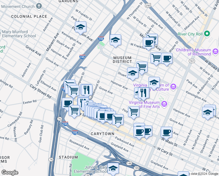 map of restaurants, bars, coffee shops, grocery stores, and more near 215 Roseneath Road in Richmond