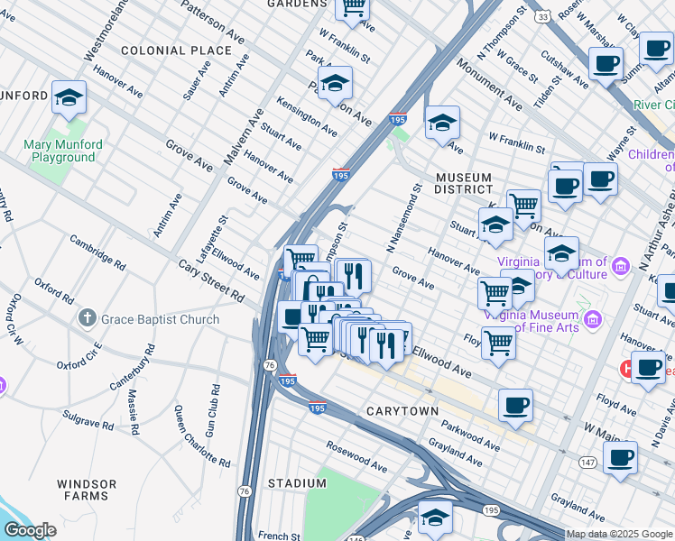 map of restaurants, bars, coffee shops, grocery stores, and more near 3538 Floyd Avenue in Richmond