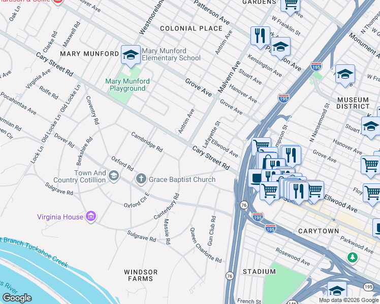 map of restaurants, bars, coffee shops, grocery stores, and more near in Richmond