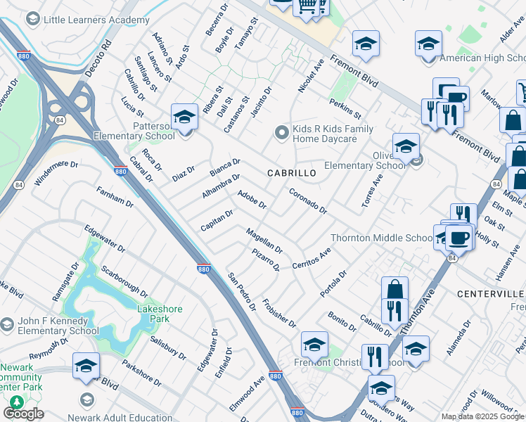 map of restaurants, bars, coffee shops, grocery stores, and more near 36053 Adobe Drive in Fremont