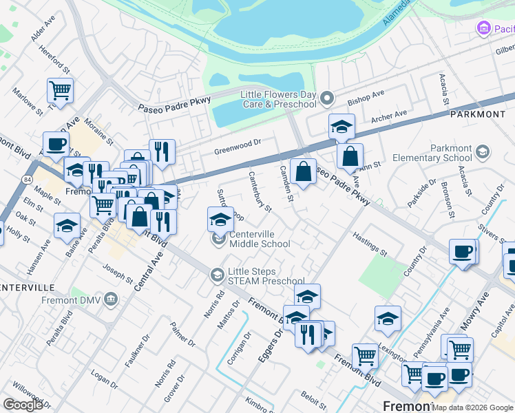 map of restaurants, bars, coffee shops, grocery stores, and more near 37659 Canterbury Street in Fremont