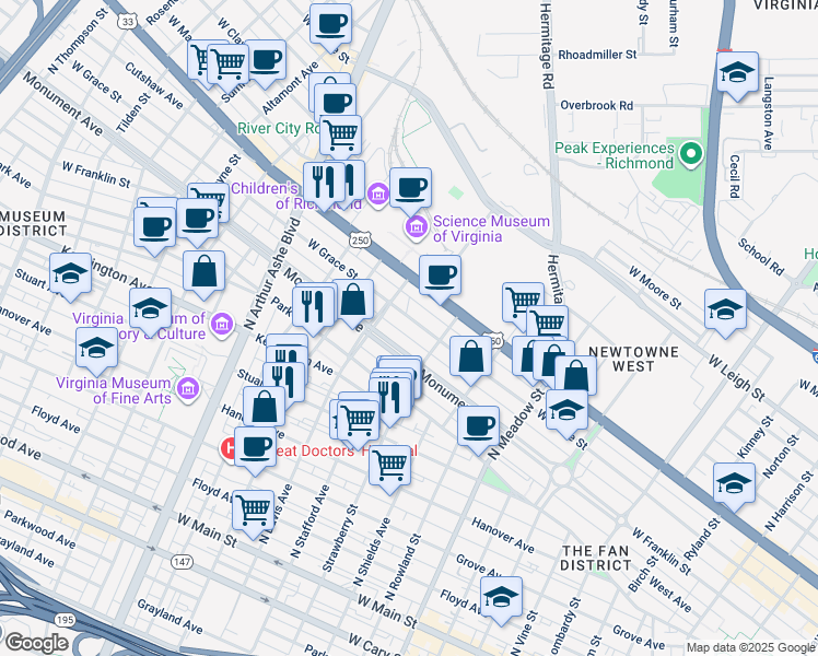 map of restaurants, bars, coffee shops, grocery stores, and more near 2323 West Grace Street in Richmond