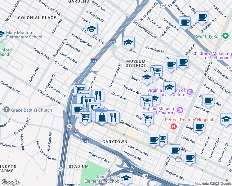 map of restaurants, bars, coffee shops, grocery stores, and more near 3418 Grove Avenue in Richmond