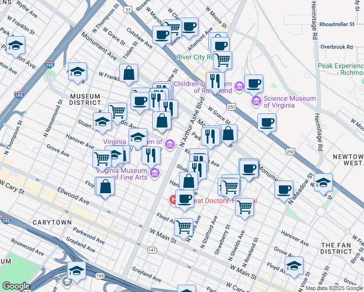 map of restaurants, bars, coffee shops, grocery stores, and more near 428 N Boulevard in Richmond