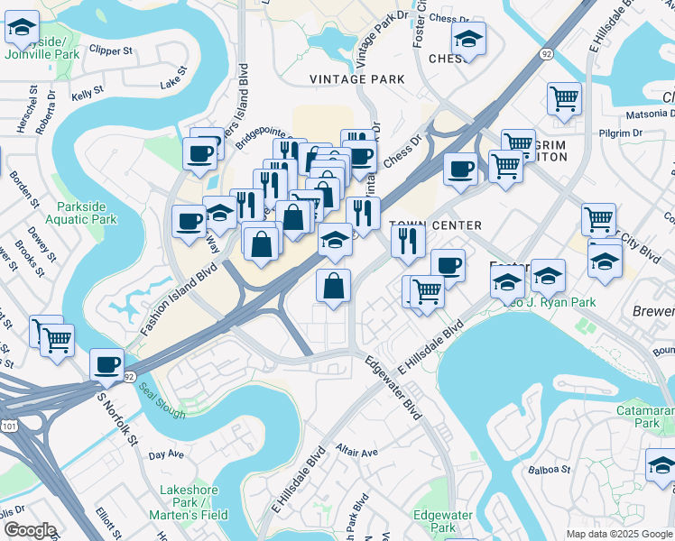 map of restaurants, bars, coffee shops, grocery stores, and more near 1840 Gateway Drive in San Mateo