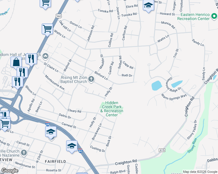 map of restaurants, bars, coffee shops, grocery stores, and more near 2168 Elkridge Lane in Richmond