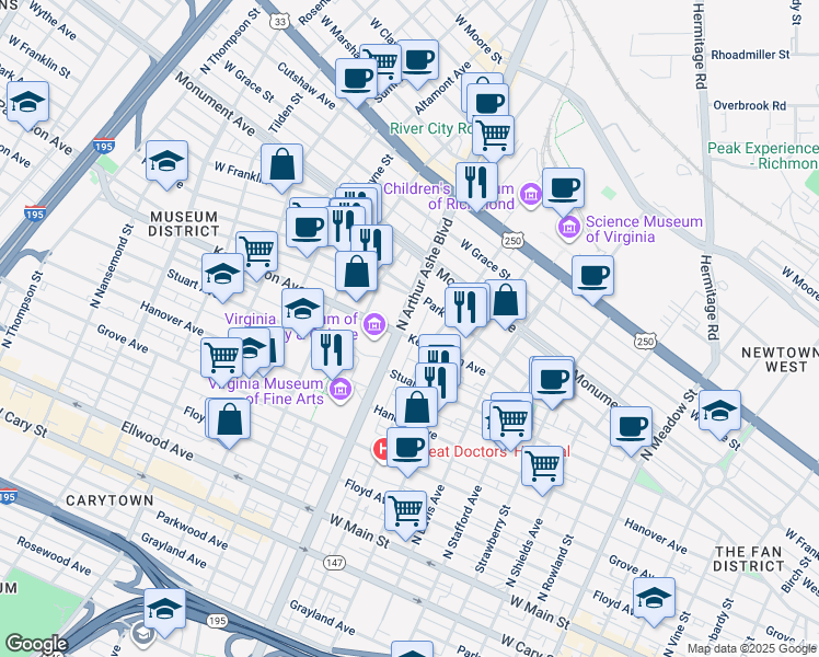 map of restaurants, bars, coffee shops, grocery stores, and more near 503 North Arthur Ashe Boulevard in Richmond