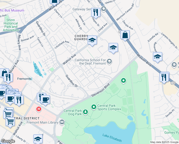 map of restaurants, bars, coffee shops, grocery stores, and more near 39307 Del Oro Terraza in Fremont