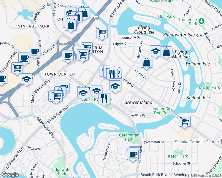 map of restaurants, bars, coffee shops, grocery stores, and more near 1078 Foster Square Lane in Foster City