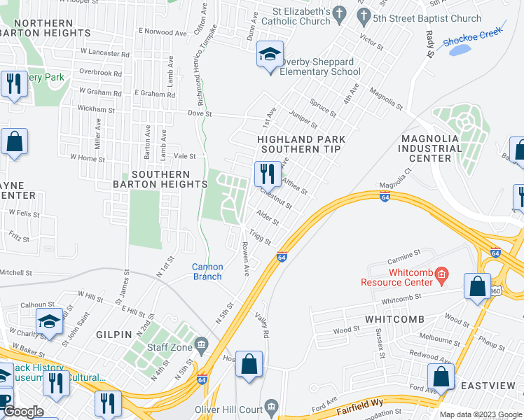 map of restaurants, bars, coffee shops, grocery stores, and more near 1801 3rd Avenue in Richmond