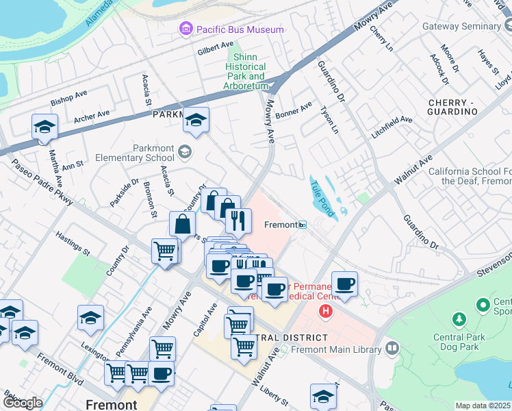 map of restaurants, bars, coffee shops, grocery stores, and more near 1900 Mowry Avenue in Fremont