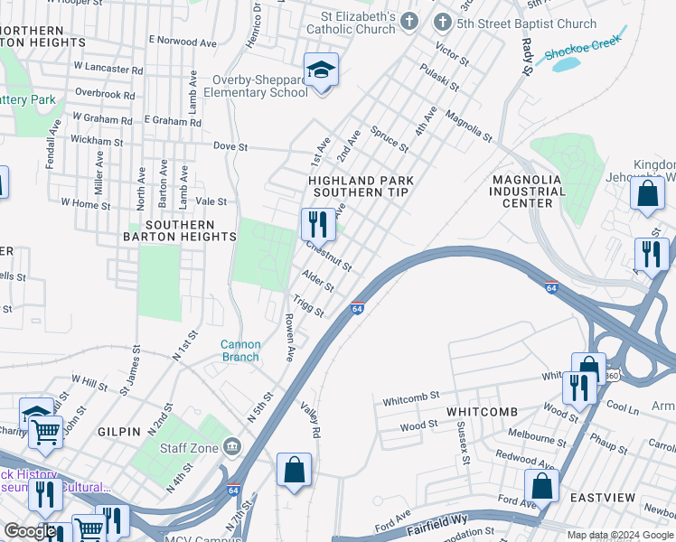 map of restaurants, bars, coffee shops, grocery stores, and more near 1815 4th Avenue in Richmond