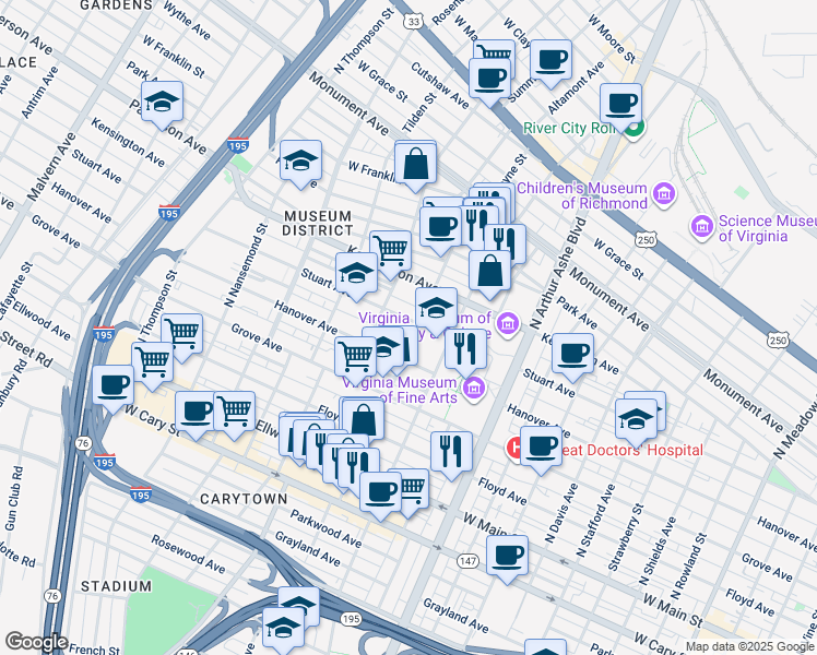 map of restaurants, bars, coffee shops, grocery stores, and more near 3105 Stuart Avenue in Richmond