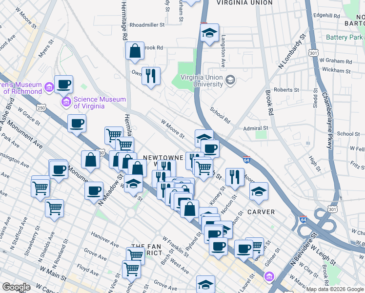 map of restaurants, bars, coffee shops, grocery stores, and more near 1726 West Leigh Street in Richmond