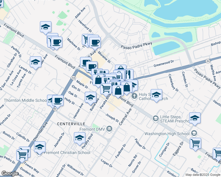 map of restaurants, bars, coffee shops, grocery stores, and more near 37312 Fremont Boulevard in Fremont