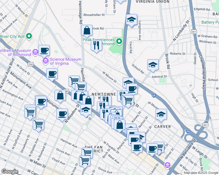 map of restaurants, bars, coffee shops, grocery stores, and more near 900 North Allen Avenue in Richmond
