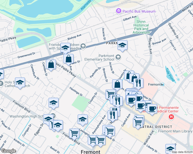 map of restaurants, bars, coffee shops, grocery stores, and more near 2813 Calvin Court in Fremont