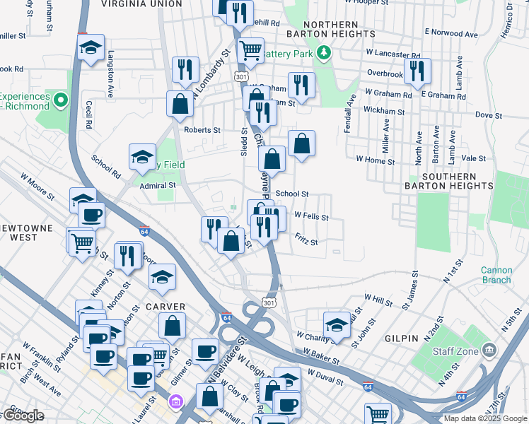 map of restaurants, bars, coffee shops, grocery stores, and more near in Richmond