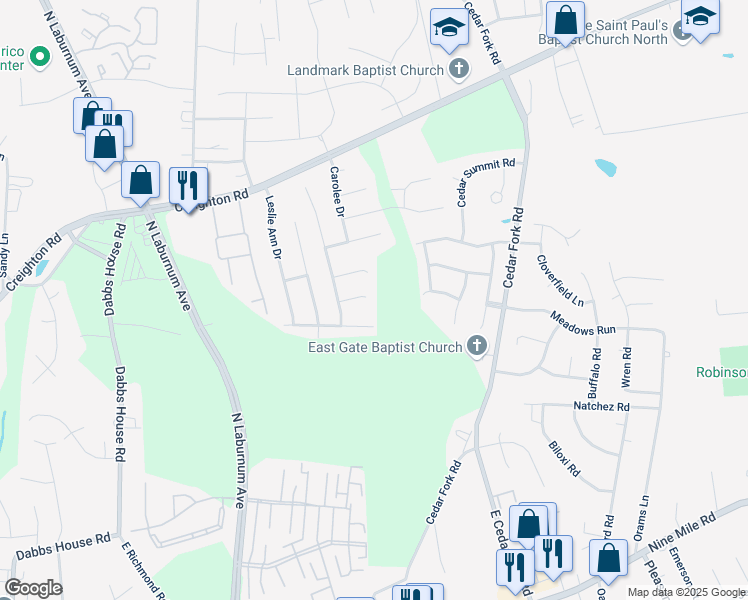map of restaurants, bars, coffee shops, grocery stores, and more near 3823 Micheline Court in Richmond
