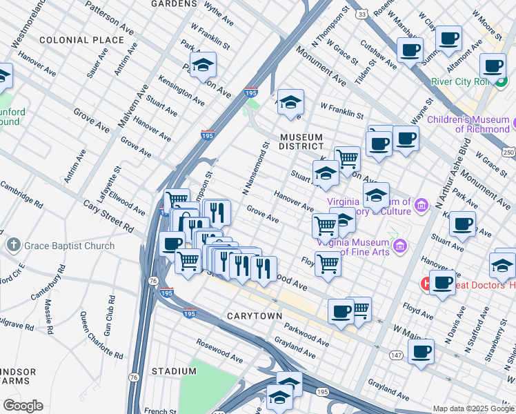 map of restaurants, bars, coffee shops, grocery stores, and more near 3418 Grove Avenue in Richmond