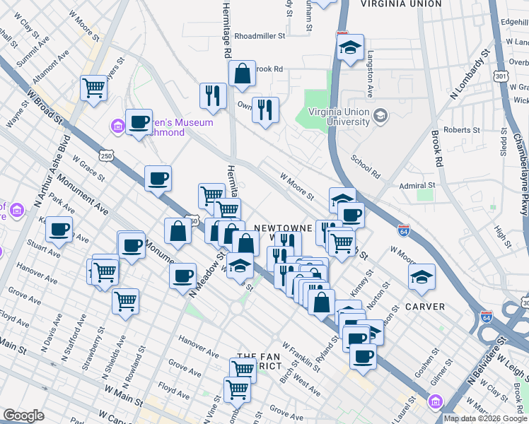 map of restaurants, bars, coffee shops, grocery stores, and more near 1900 West Clay Street in Richmond