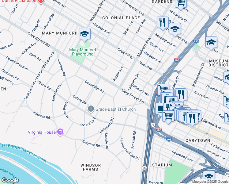 map of restaurants, bars, coffee shops, grocery stores, and more near 2 Canterbury Road in Richmond