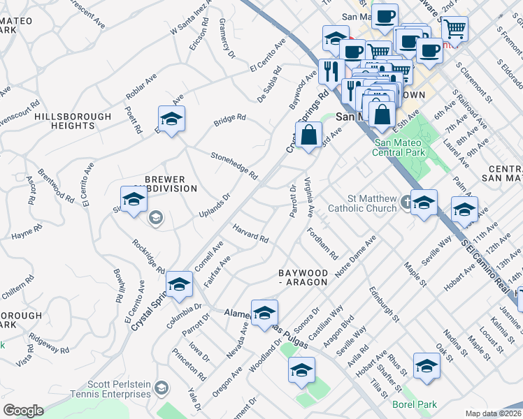 map of restaurants, bars, coffee shops, grocery stores, and more near 353 Franklin Street in San Mateo