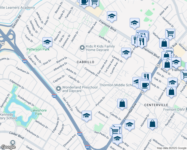 map of restaurants, bars, coffee shops, grocery stores, and more near 4512 El Cajon Avenue in Fremont