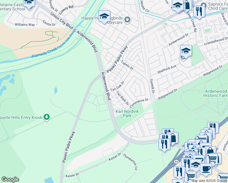 map of restaurants, bars, coffee shops, grocery stores, and more near 34255 Trampini Common in Fremont