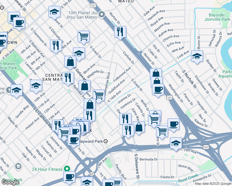 map of restaurants, bars, coffee shops, grocery stores, and more near 621 East 16th Avenue in San Mateo