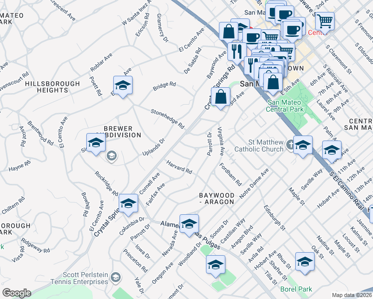 map of restaurants, bars, coffee shops, grocery stores, and more near 353 Franklin Street in San Mateo