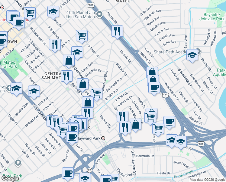 map of restaurants, bars, coffee shops, grocery stores, and more near 614 Guildford Avenue in San Mateo