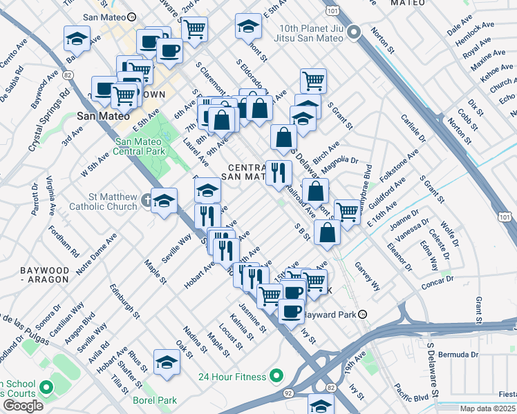 map of restaurants, bars, coffee shops, grocery stores, and more near 148 11th Avenue in San Mateo