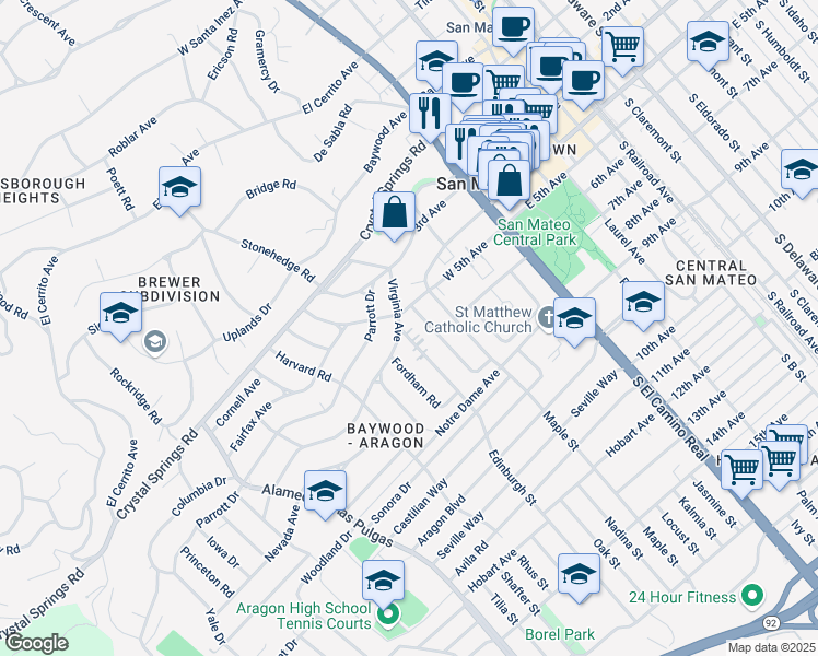 map of restaurants, bars, coffee shops, grocery stores, and more near 505 Edinburgh Street in San Mateo