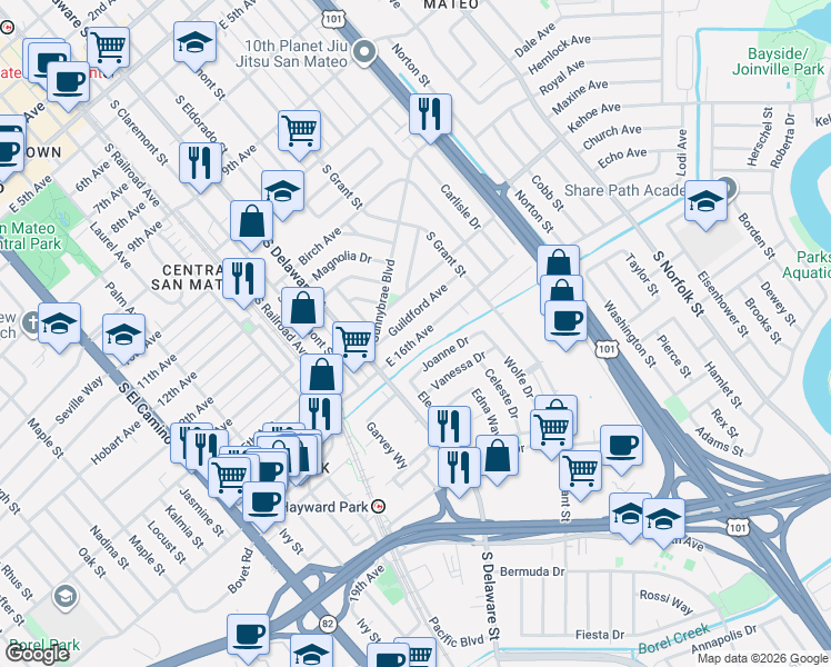 map of restaurants, bars, coffee shops, grocery stores, and more near 614 Guildford Avenue in San Mateo