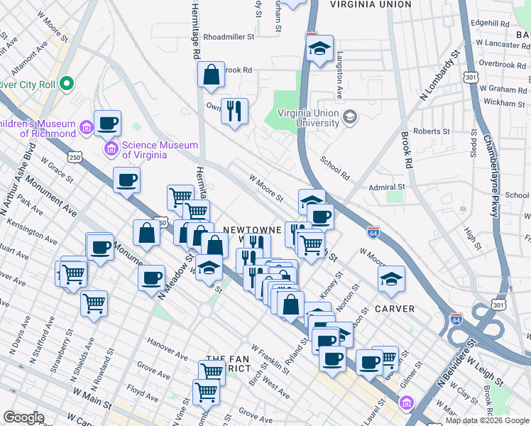 map of restaurants, bars, coffee shops, grocery stores, and more near 900 North Allen Avenue in Richmond