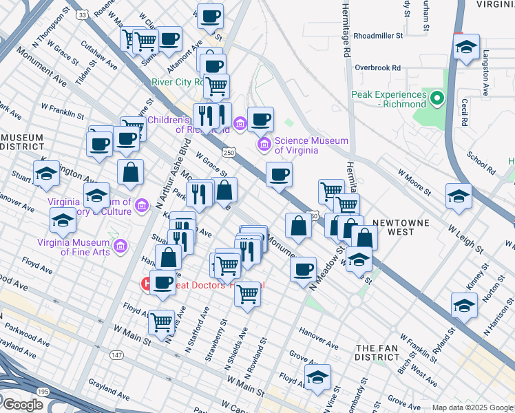 map of restaurants, bars, coffee shops, grocery stores, and more near 2327 West Grace Street in Richmond