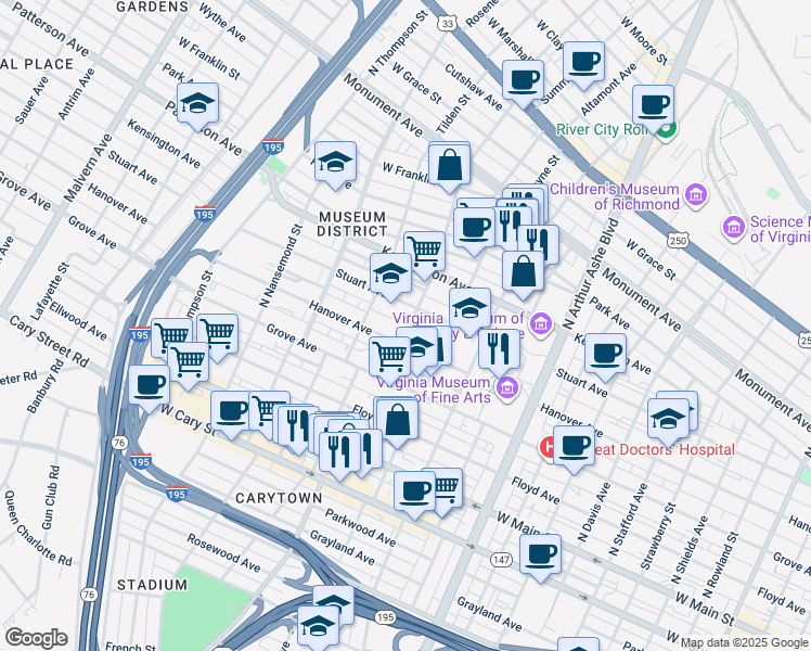 map of restaurants, bars, coffee shops, grocery stores, and more near 3212 Hanover Avenue in Richmond