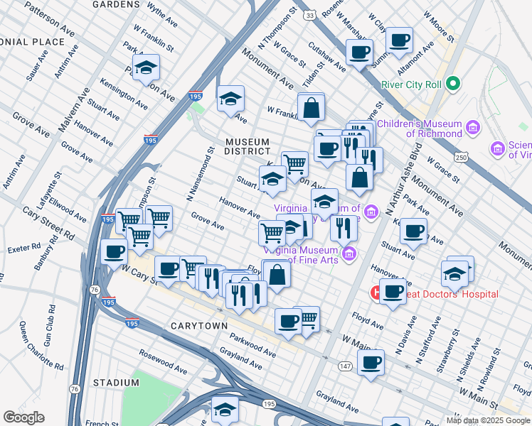 map of restaurants, bars, coffee shops, grocery stores, and more near 3212 Hanover Avenue in Richmond