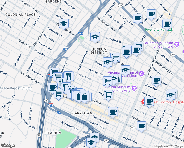 map of restaurants, bars, coffee shops, grocery stores, and more near 215 Roseneath Road in Richmond